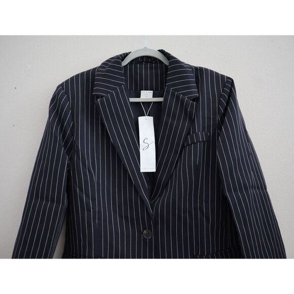Silk & Salt Women's Sz Large Navy Blue Pinstripe My New Suit Coat Blazer Jacket - Picture 3 of 5